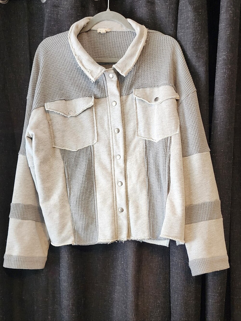 POL Patchwork Grunge Knit Sweater Jacket – Textured Contrast Panels Gray Grundge